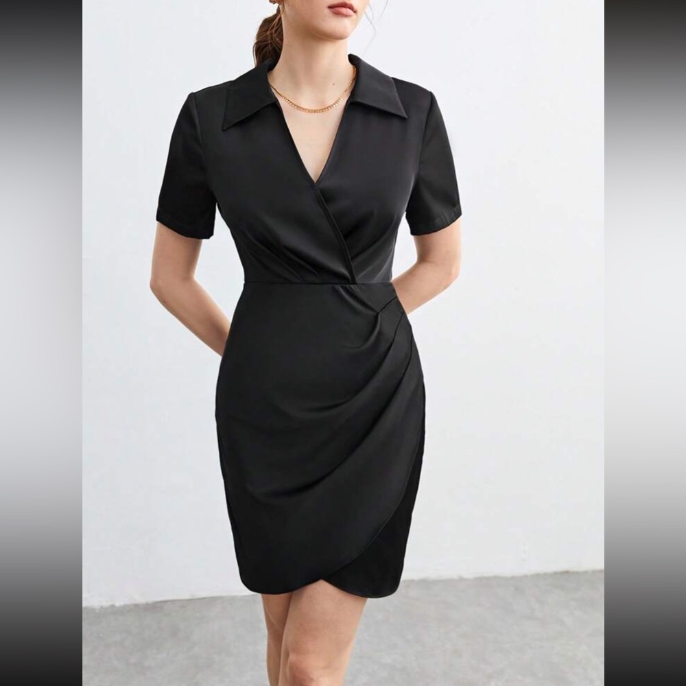 The Short Sleeve Dress - Satin Jet Black